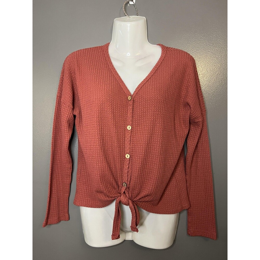 Lovemarks Shirt Womens Medium Red Waffle Knit Button Front Tie Long Sleeve Top
